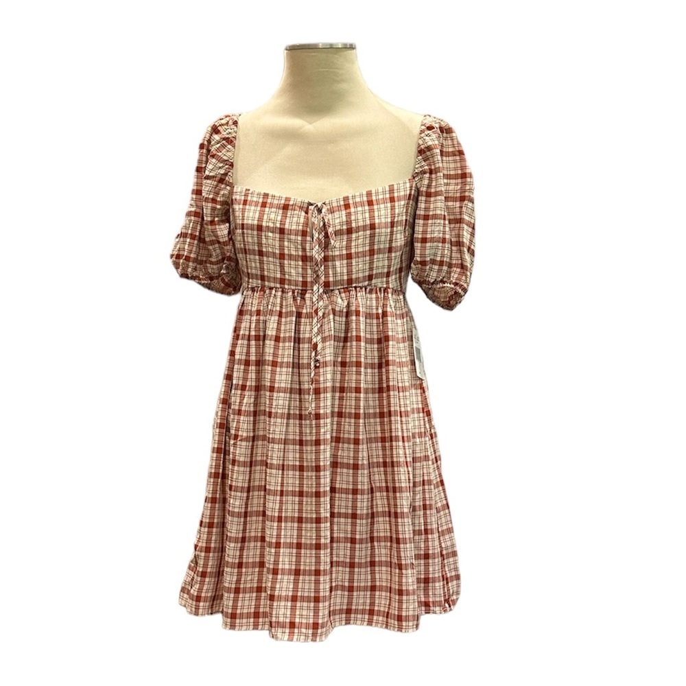 B. Smart Plaid Boho Prairie Baby Doll Mini Dress Terra Cotta & Cream Size 7